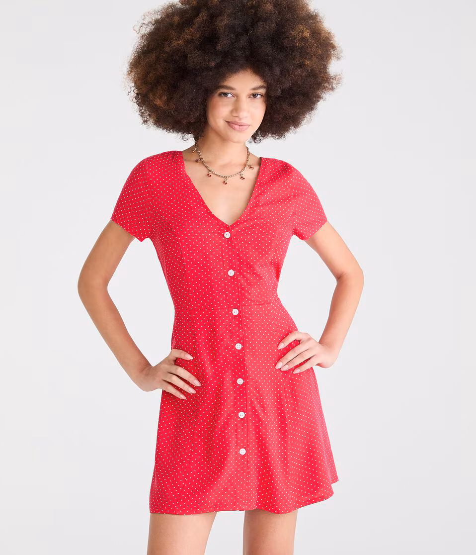 Printed V-Neck Buttoned A-Line Dress