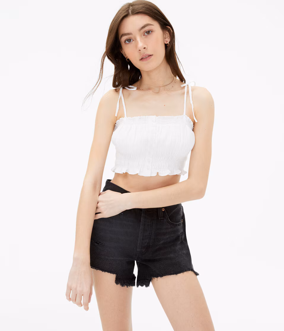 Smocked Button-Front Cropped Tie Tank