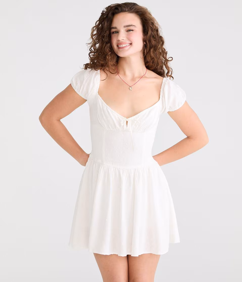 Swiss Dot V-Neck Drop-Waist Mini Dress