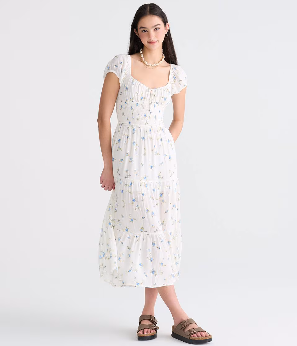 Floral Scoop-Neck Smocked Waist Midi Dress