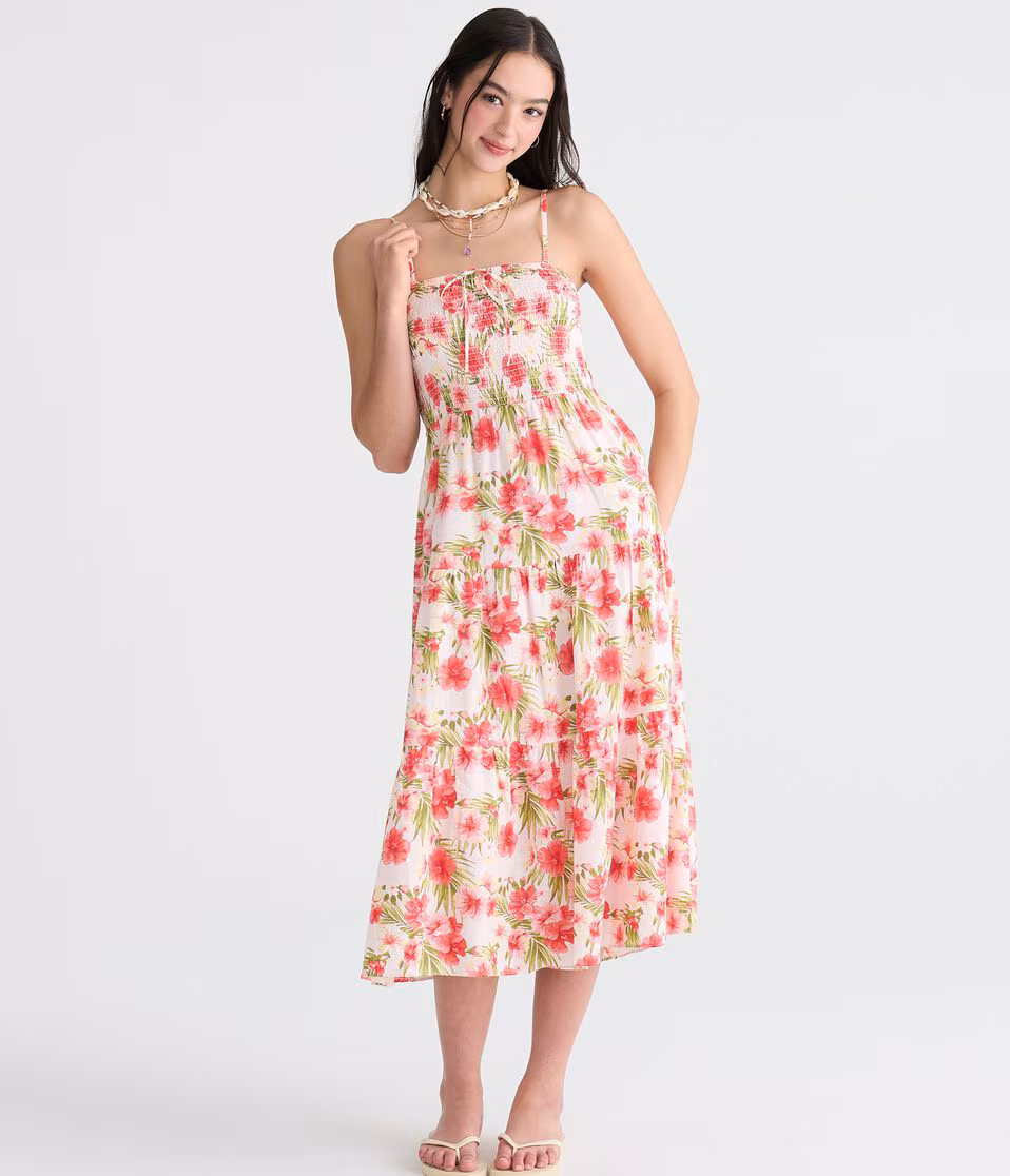 Floral Strapless Smocked Midi Dress