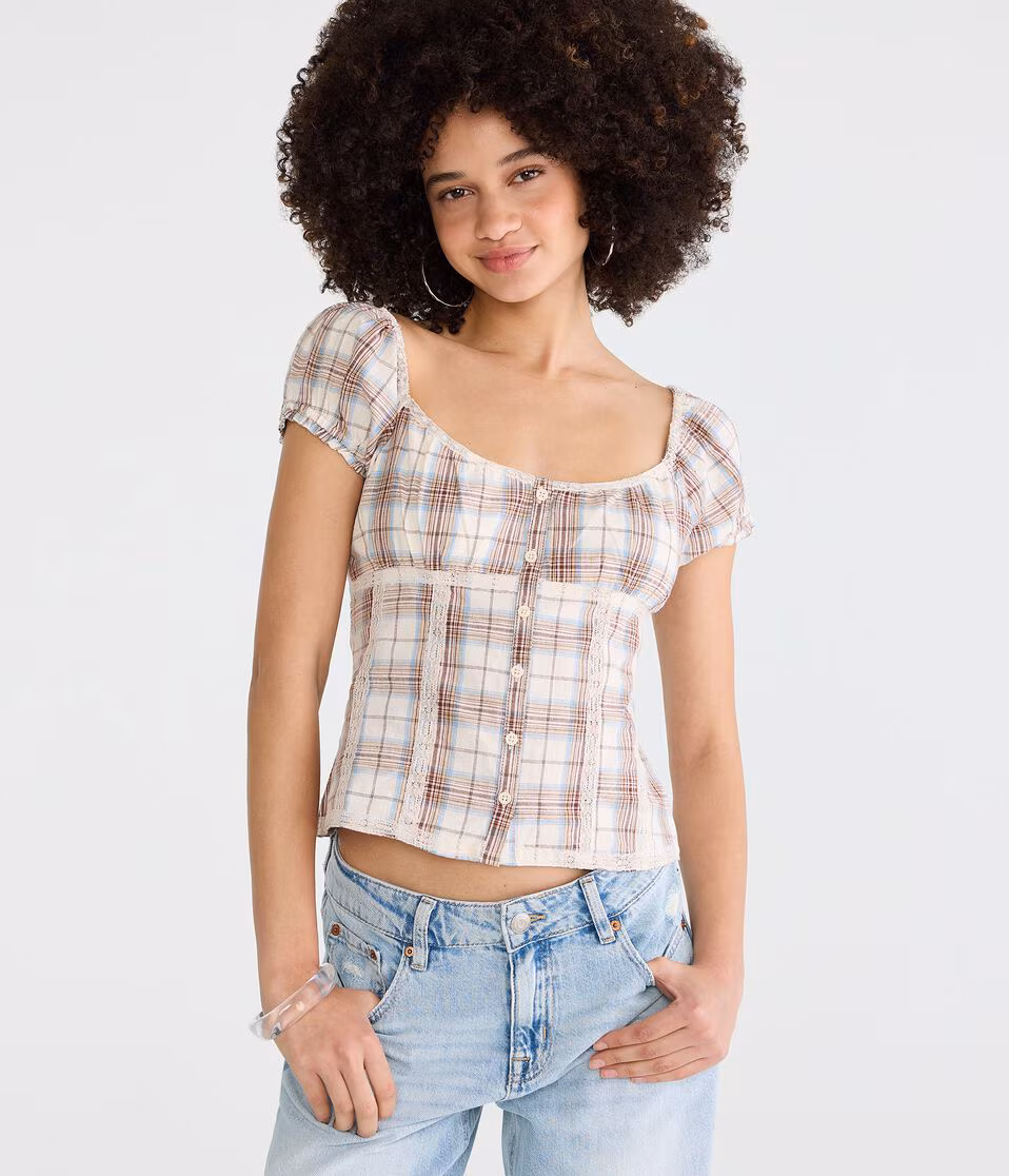Plaid Button-Front Scoop-Neck Blouse